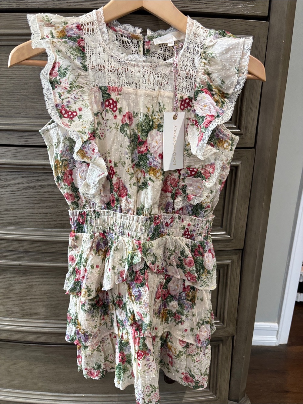 Love Shack Fancy Girls Floral Lace-Trim Tiered Dress - Cream with Pink & Green